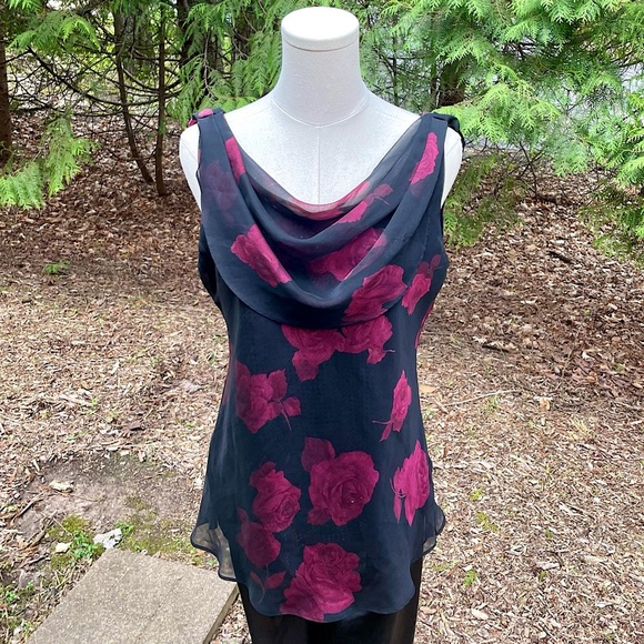 Rose Cowl Neck Blouse Sheer Tank Top by Jessica Howard Vintage Y2K Sequin Lined - Picture 3 of 14